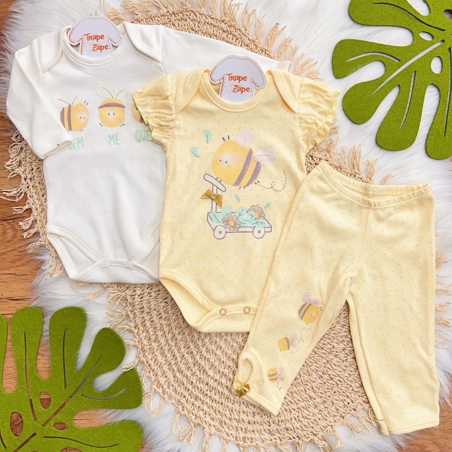 Conj. de Malha 3 Peças - Abelhinha Bem Me Quer - Amarelo e Off White